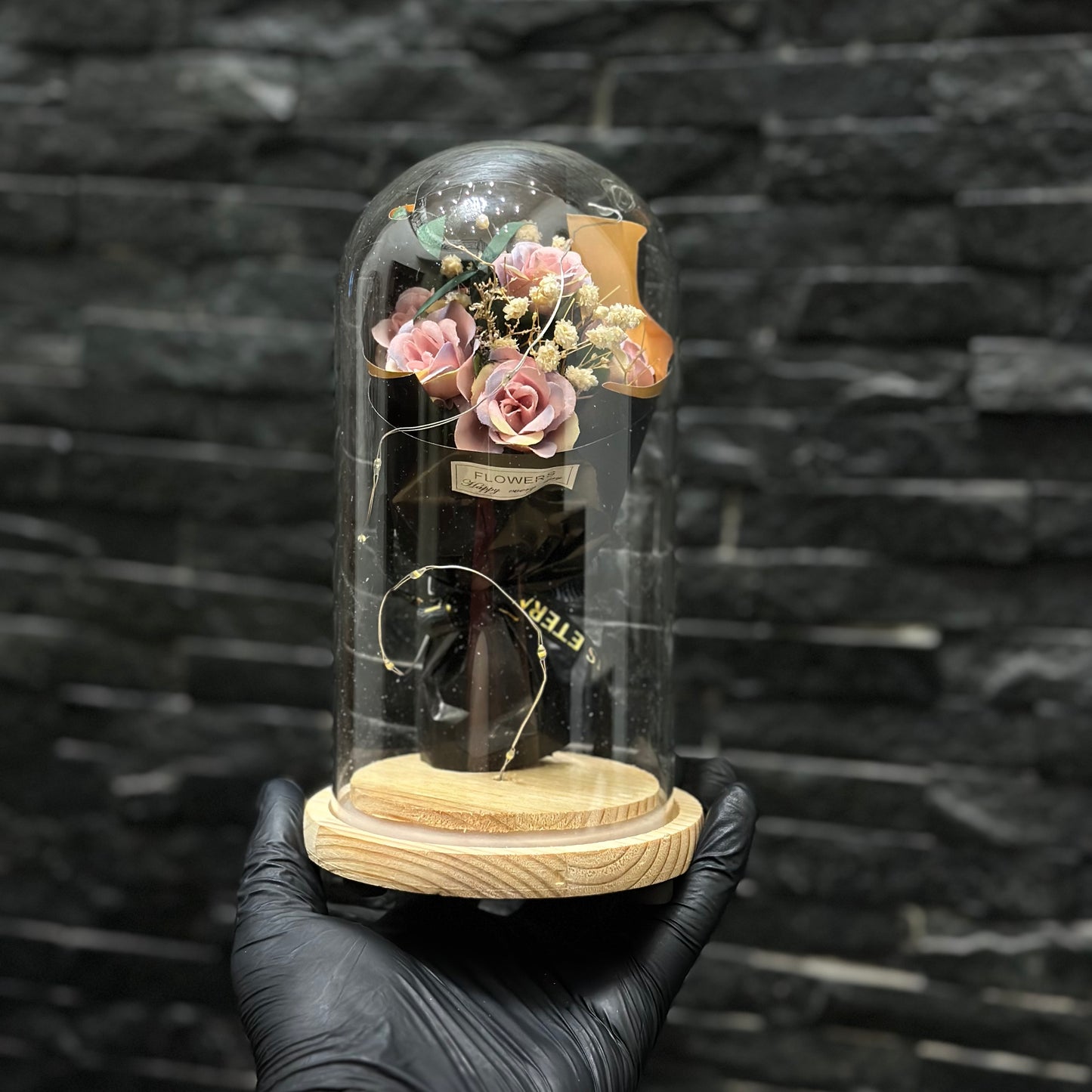 Pink Flower glass dome lamp with LED light