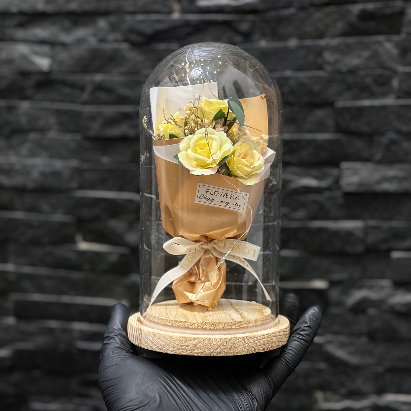 Yellow Flower glass dome lamp with LED light