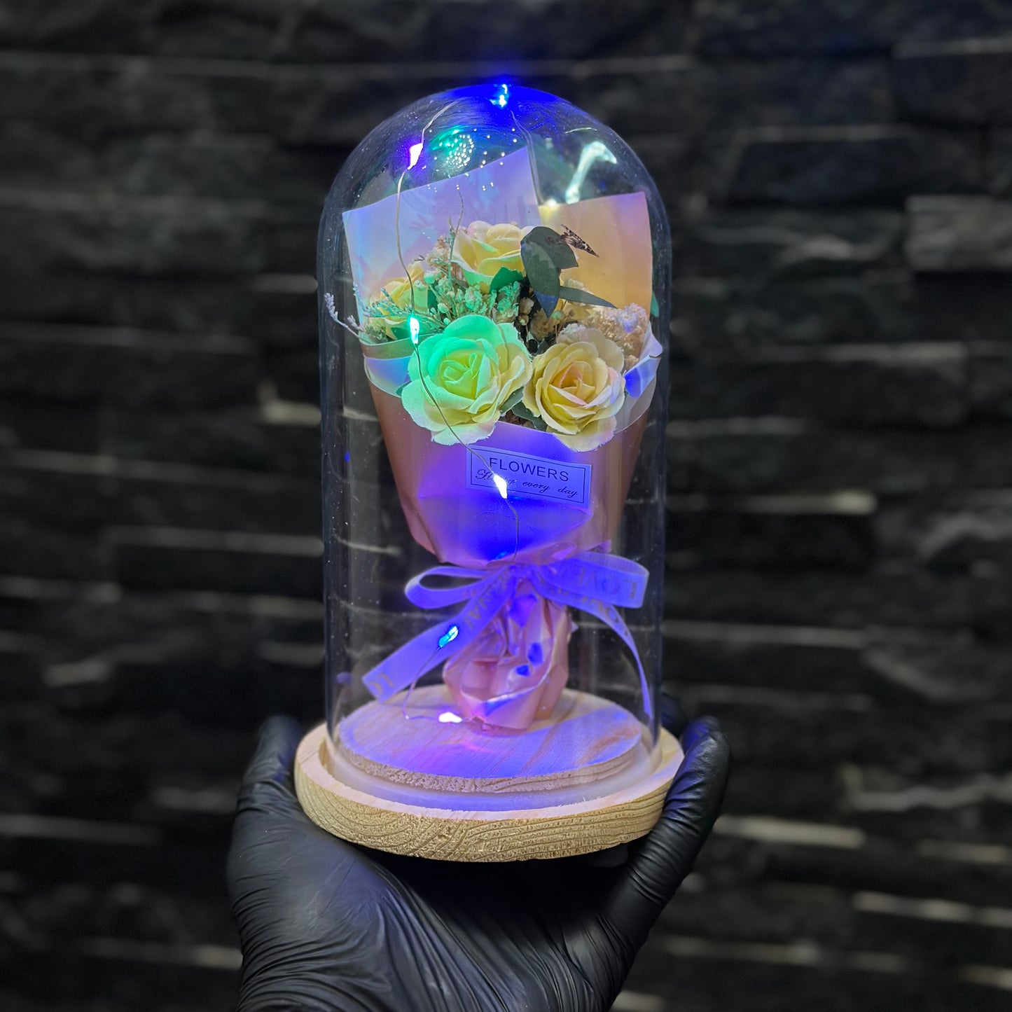 Yellow Flower glass dome lamp with LED light