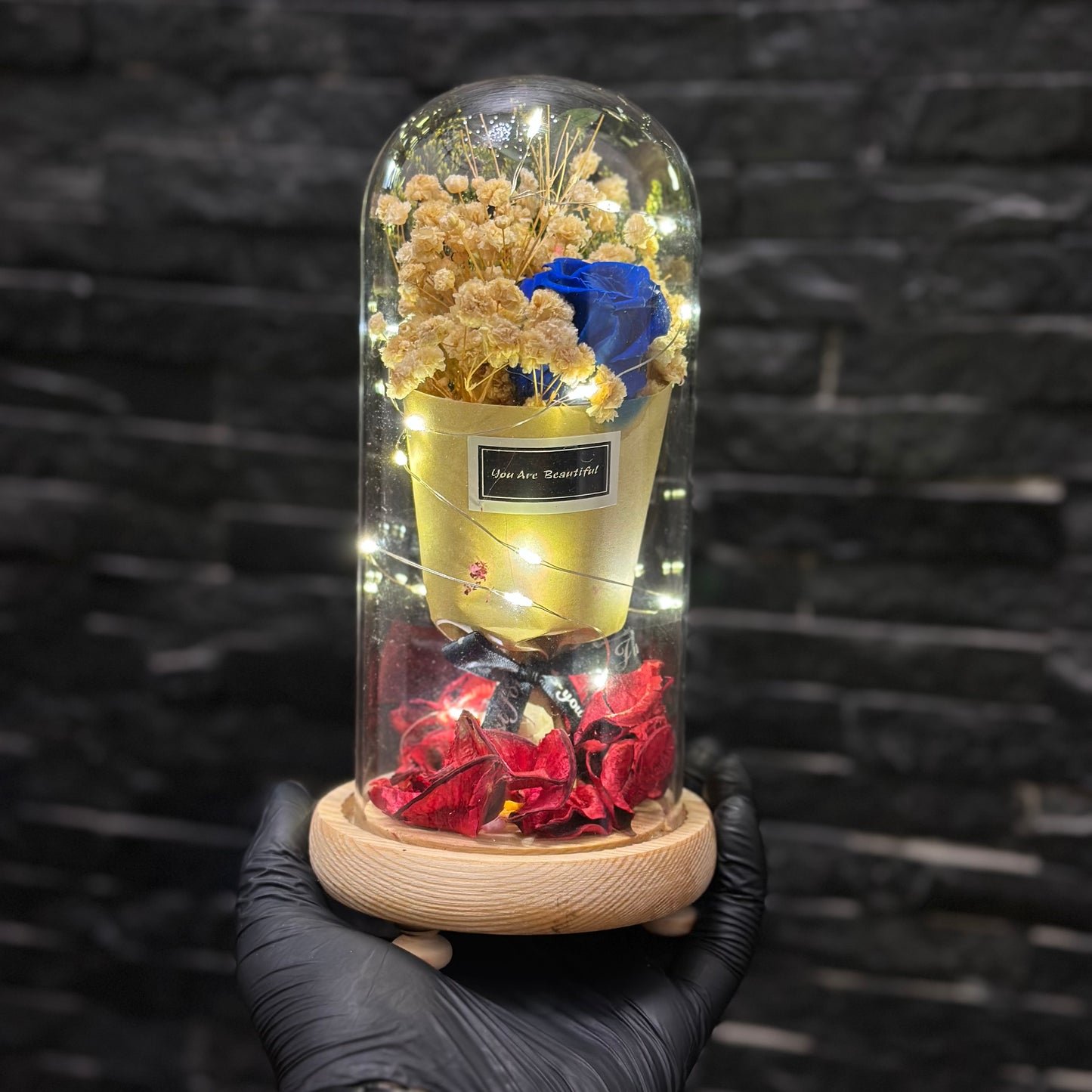 Blue Flower glass dome lamp with LED light