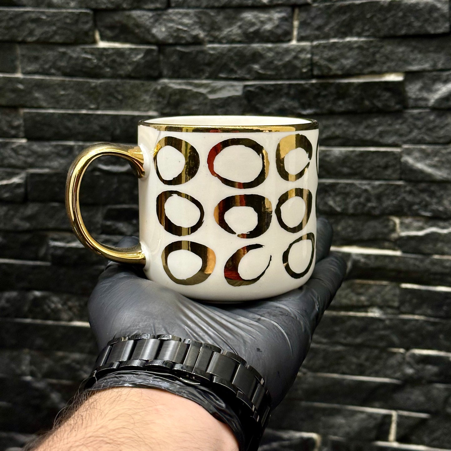 Two Mugs with Golden Circle Patterns